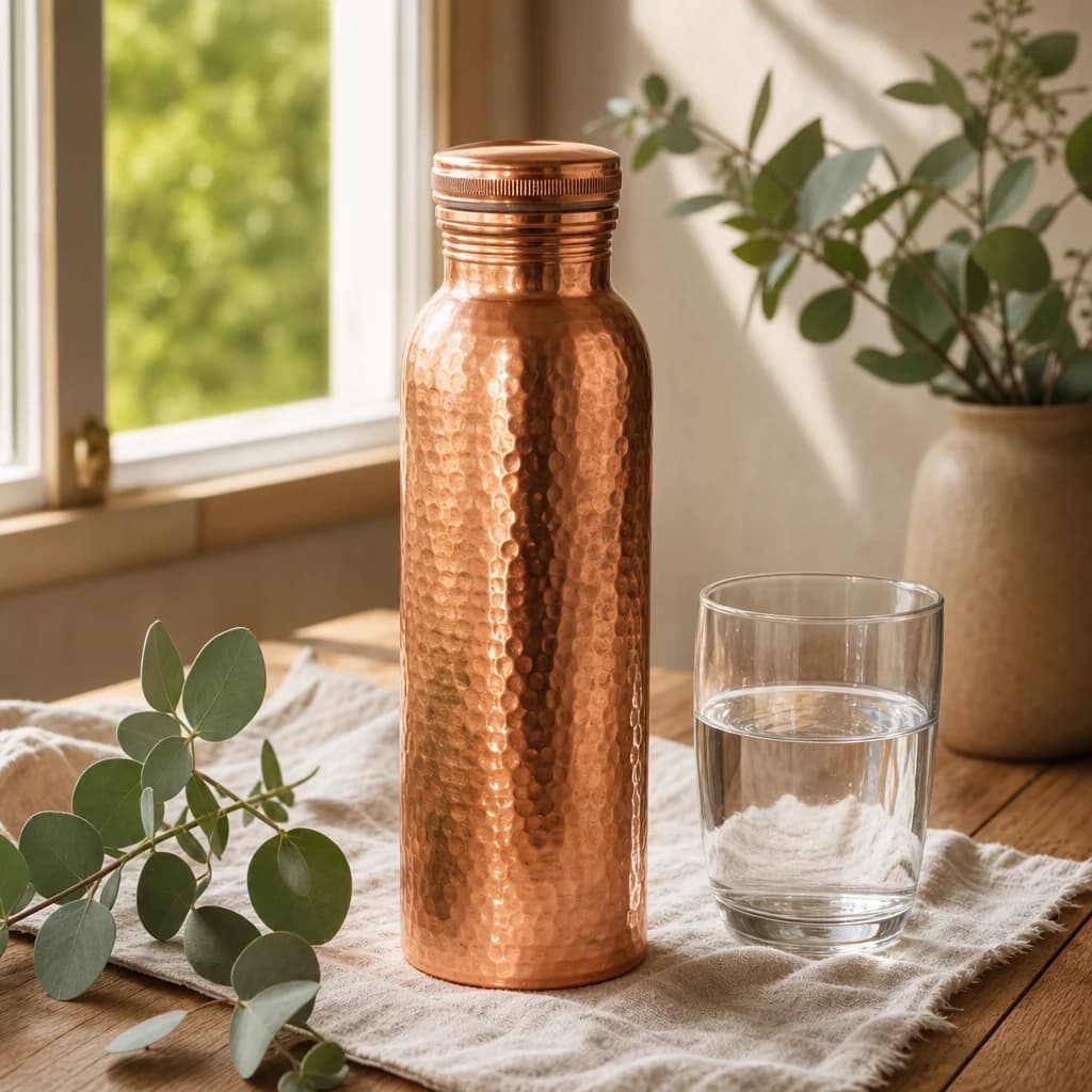 Gourde en cuivre Gourda sur une table en bois avec un verre d’eau